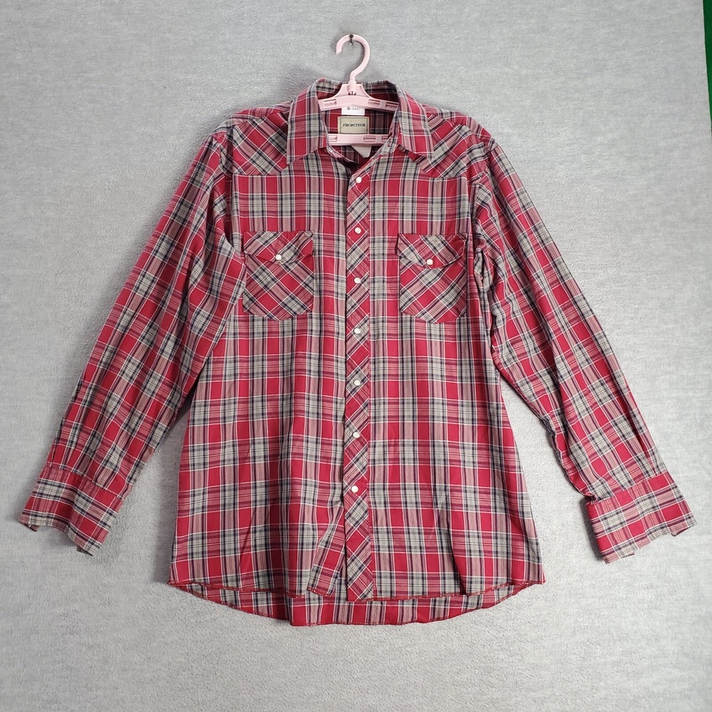 Frontier Men‎ Button Up Shirt Large Red Plaid Pearl Snap Western